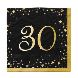 30-as Csillagos Arany Fekete Szülinapi Parti Szalvéta - 33 cm x 33 cm, 16 db-os