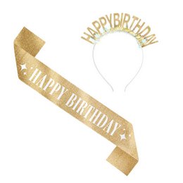 Arany Happy Birthday Szett - Vállszalag és Fejdísz