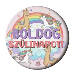 Boldog Szülinapot Unikornis-Láma Mintás Szülinapi Kitűző - 5,5 cm