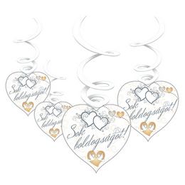 Sok Boldogságot Szívek és Galambok Ezüst Esküvői Spirális Függő Dekoráció - 6 db-os