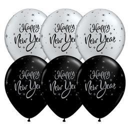 11 inch-es New Year Sparkle Black és Silver Assorted Lufi (25 db/csomag)
